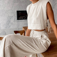 Athflow Side Tie Crop Tank Top Wide Leg Pants Cotton Linen Lounge Set