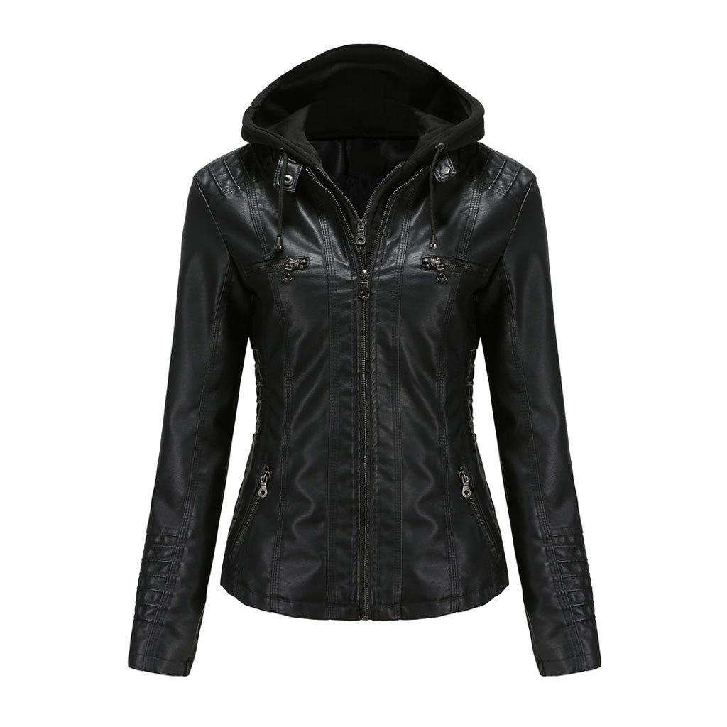 Athletic 2 In 1 Removable Hood Stand Collar Zip Up Vegan Leather Jacket