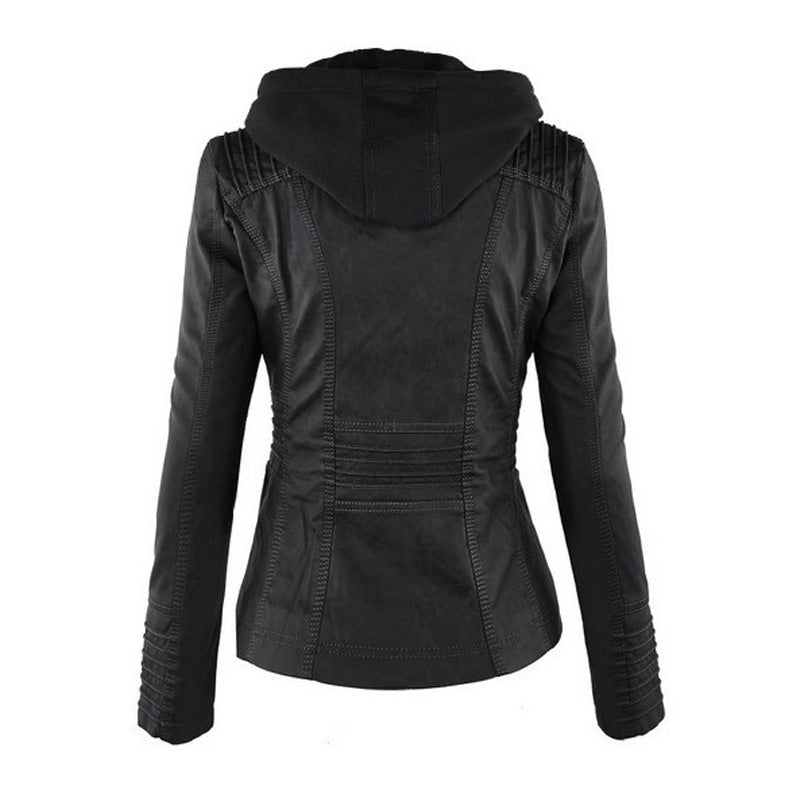 Athletic 2 In 1 Removable Hood Stand Collar Zip Up Vegan Leather Jacket