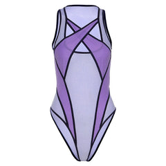 Athletic Contrast Suspender Strap Crisscross Mesh Bodysuit - Purple