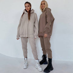 Athletic Drop Shoulder Long Sleeve Hoodie Matching Set - Beige