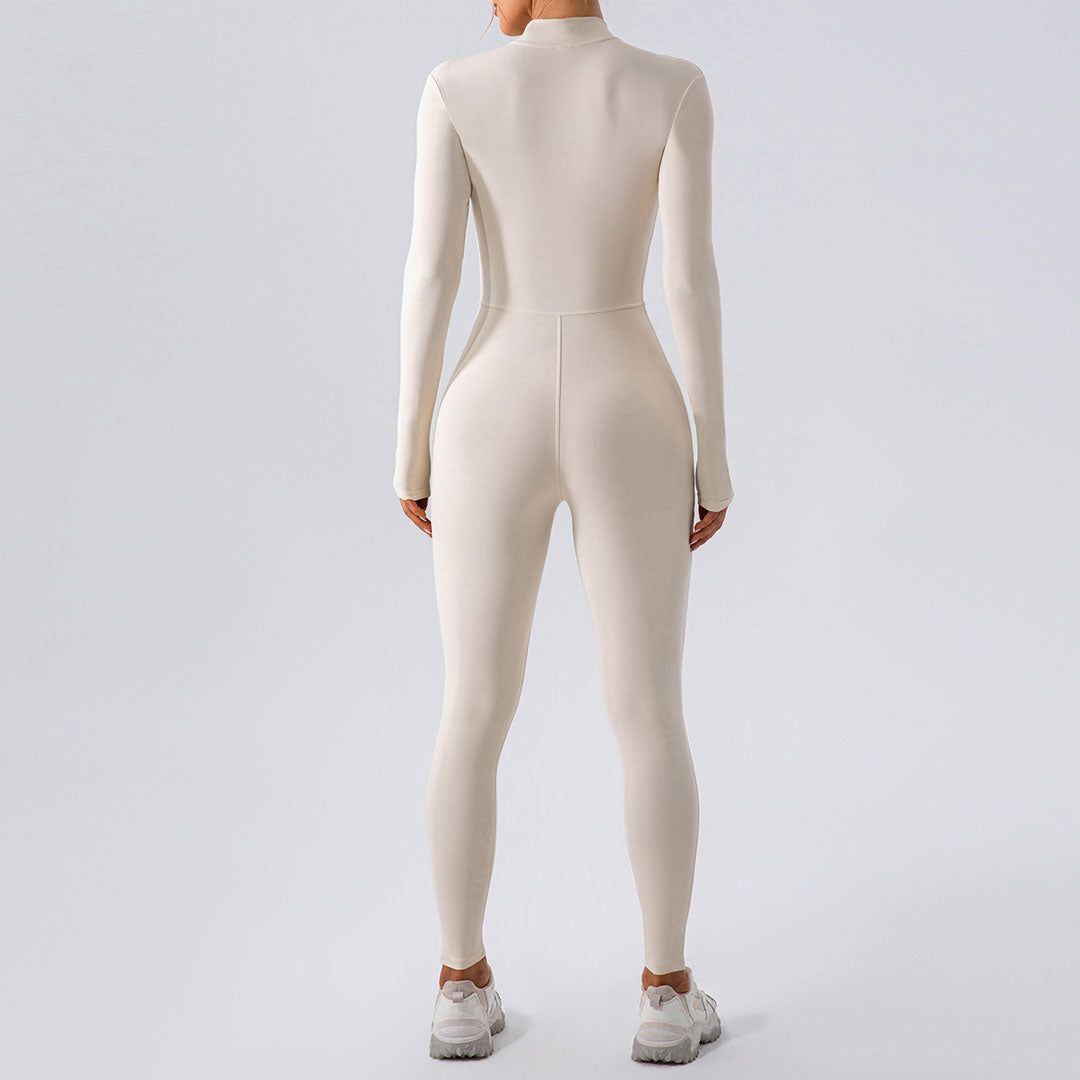 Athletic Mock Neck Zip Up Long Sleeve Skinny Yoga Jumpsuit -Beige