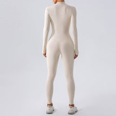 Athletic Mock Neck Zip Up Long Sleeve Skinny Yoga Jumpsuit -Beige