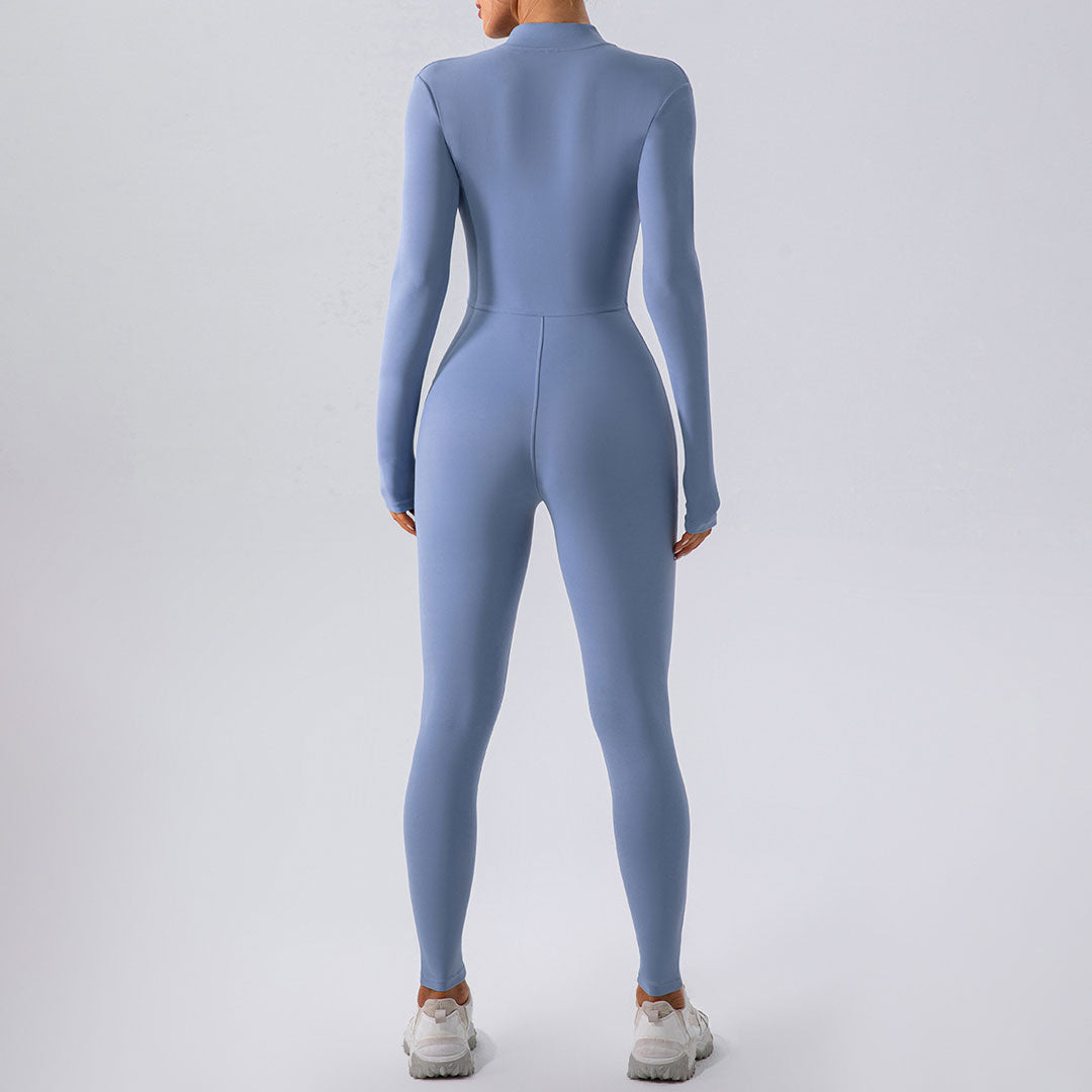 Athletic Mock Neck Zip Up Long Sleeve Skinny Yoga Jumpsuit - Dusty Blue