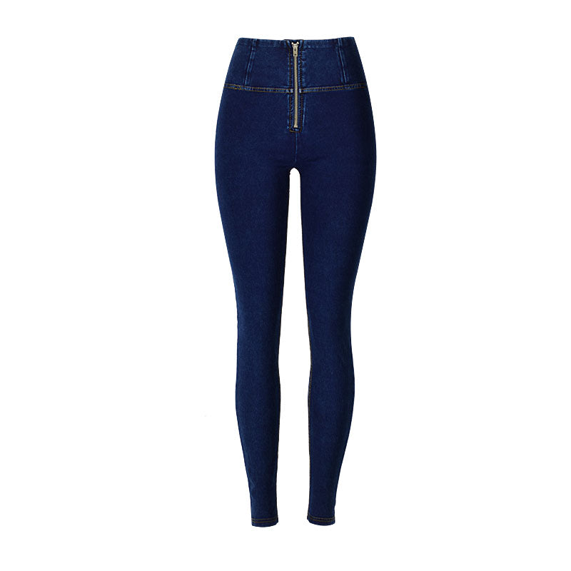 Athletic Style High Waist Zip Up Skinny Yoga Jeans - Dark Blue