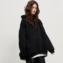 Athletic Style Oversized Drop Shoulder Winter Hooded Sweatshirt - Black