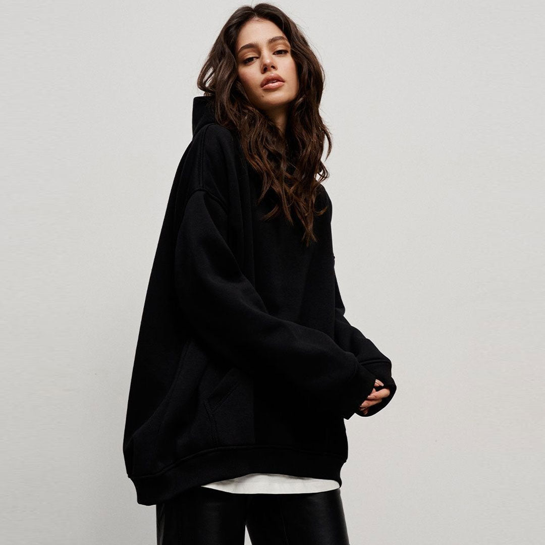 Athletic Style Oversized Drop Shoulder Winter Hooded Sweatshirt - Black