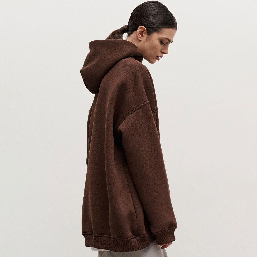 Athletic Style Oversized Drop Shoulder Winter Hooded Sweatshirt - Coffee