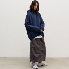 Athletic Style Oversized Drop Shoulder Winter Hooded Sweatshirt - Navy Blue