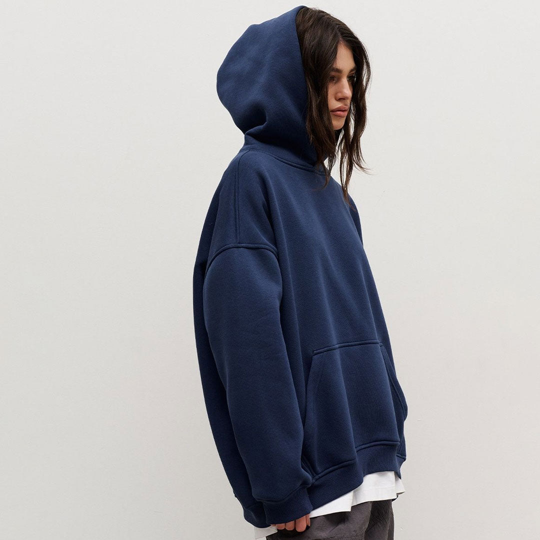 Athletic Style Oversized Drop Shoulder Winter Hooded Sweatshirt - Navy Blue