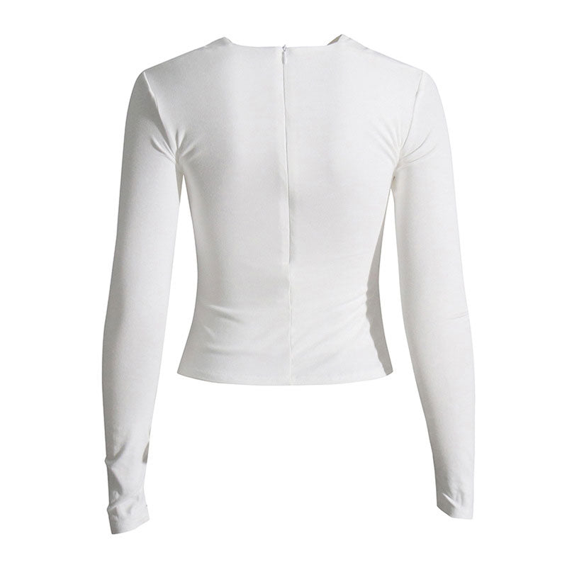 Avant Garde Metallic Accent Twist Layer V Neck Cut Out Long Sleeve Crop Fitted Top