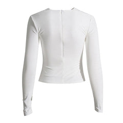 Avant Garde Metallic Accent Twist Layer V Neck Cut Out Long Sleeve Crop Fitted Top