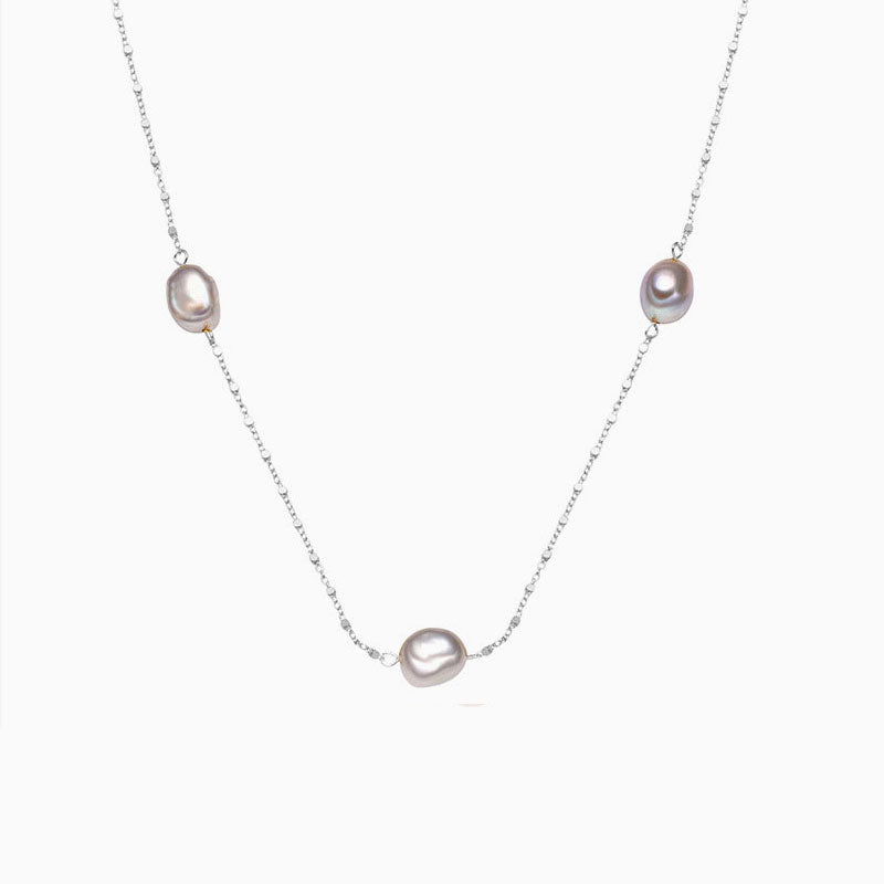 Baroque Pearl Sterling Silver Satellite Chain Bolo Slider Bead Station Necklace