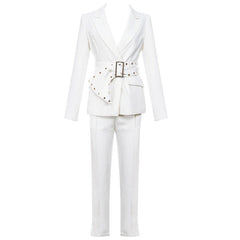 Belted High Waist Collared Long Sleeve Blazer Matching Set - White