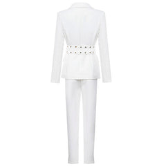 Belted High Waist Collared Long Sleeve Blazer Matching Set - White