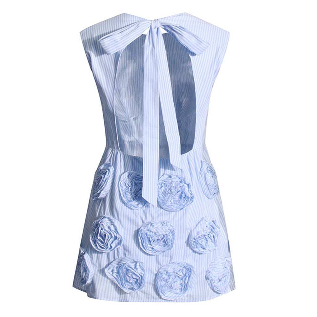 Bloom 3D Rosette Cutout Bow Tie Back Sleeveless Micro Mini Vacation Dress