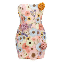 Blooming Floral Embroidered Strapless Lace Up Back Mesh Rosette Mini Dress