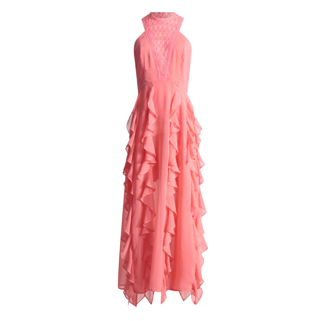 Bohemian Lace Trim Ruffled Sleeveless Crew Neck Maxi Evening Dress