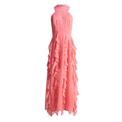 Bohemian Lace Trim Ruffled Sleeveless Crew Neck Maxi Evening Dress