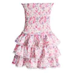 Boho Floral Embroidery Strapless Printed Smocked Tiered Ruffled Mini Dress