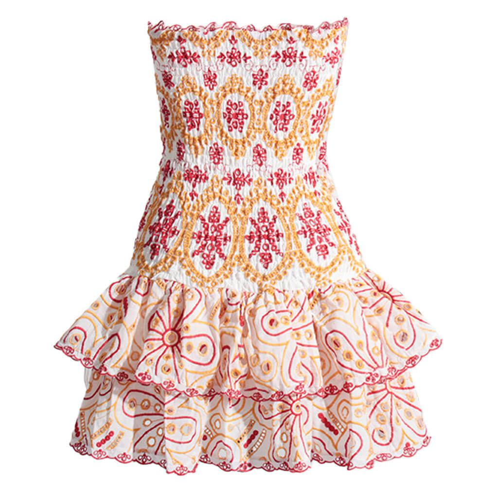 Boho Floral Strapless Smocked Broderie Anglaise Tiered Ruffled Mini Dress