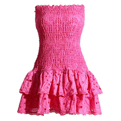 Boho Floral Strapless Smocked Broderie Anglaise Tiered Ruffled Mini Dress