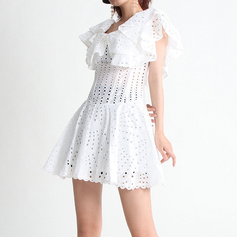 Boho Ruffled Off the Shoulder Smocked Back Broderie Anglaise Mini Dress