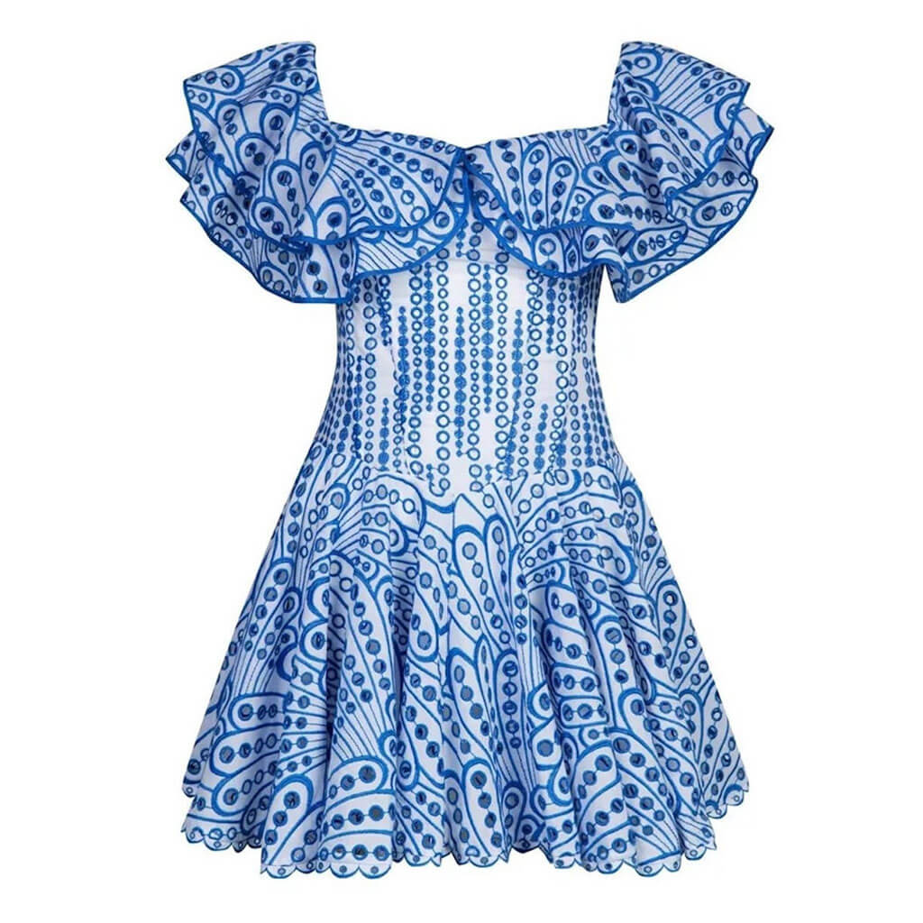 Boho Ruffled Off the Shoulder Smocked Back Broderie Anglaise Mini Dress