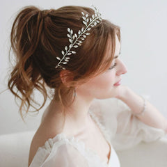 Boho Style Rhinestone Leaf Embellished Halo Headband - Silver