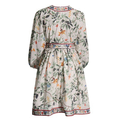 Boho Style V Neck Blouson Sleeve High Waist Belted Floral Print Mini Dress