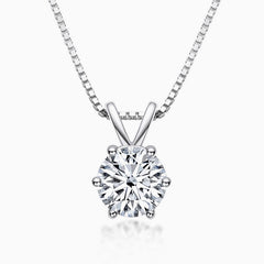 Box Chain Sterling Silver Six Prong Moissanite Solitaire Pendant Necklace