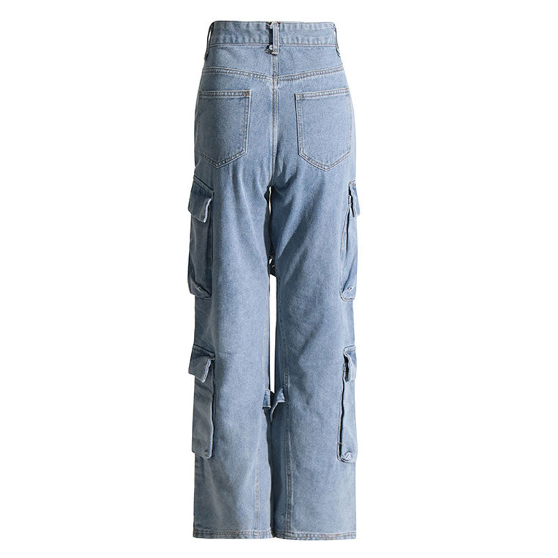 Boyfriend Bleached High Waisted Wide Leg Buttoned Strap Cargo Jeans