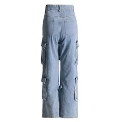 Boyfriend Bleached High Waisted Wide Leg Buttoned Strap Cargo Jeans