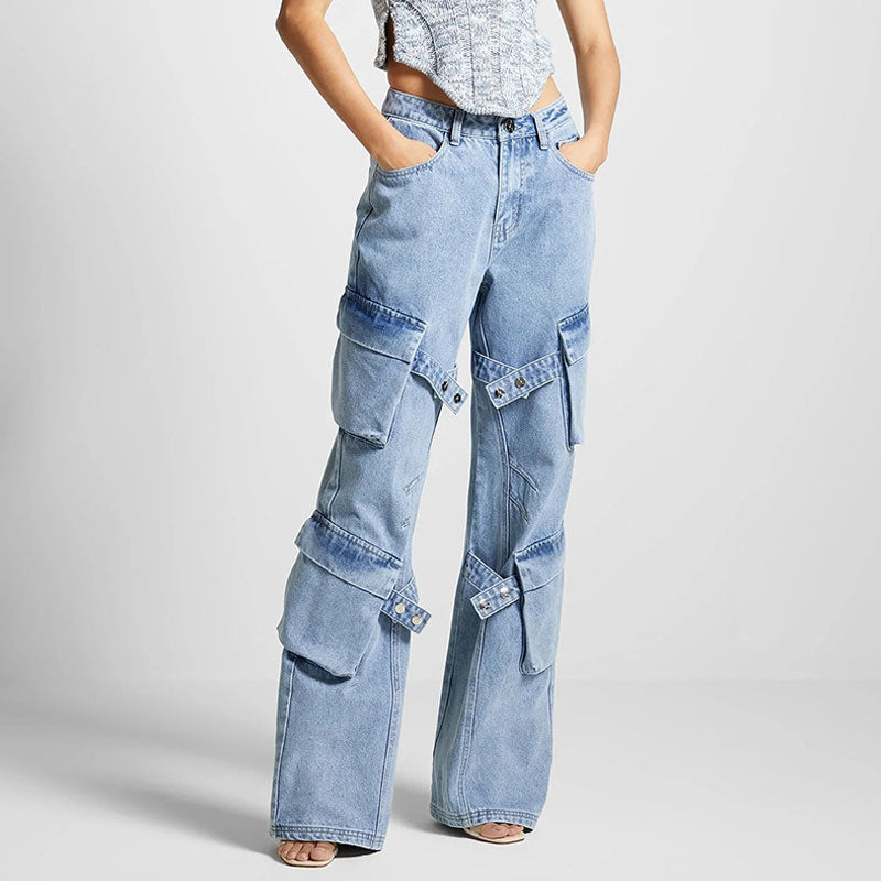 Boyfriend Bleached High Waisted Wide Leg Buttoned Strap Cargo Jeans