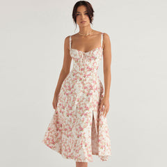 Breezy Floral Printed Lace Up Back Tie String Slit Midi Sundress - Pink