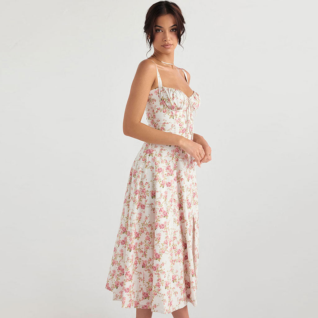 Breezy Floral Printed Lace Up Back Tie String Slit Midi Sundress - Pink