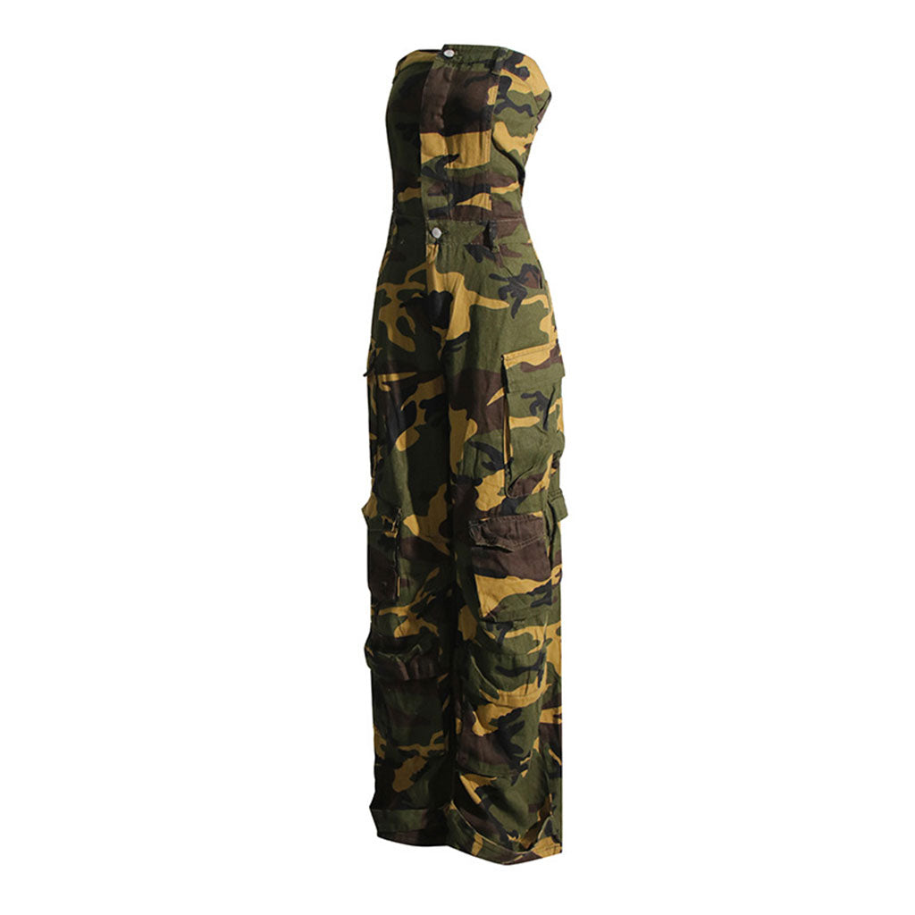 Camouflage Print Button Front Cargo Pocket Strapless Wide Leg Denim Jumpsuit