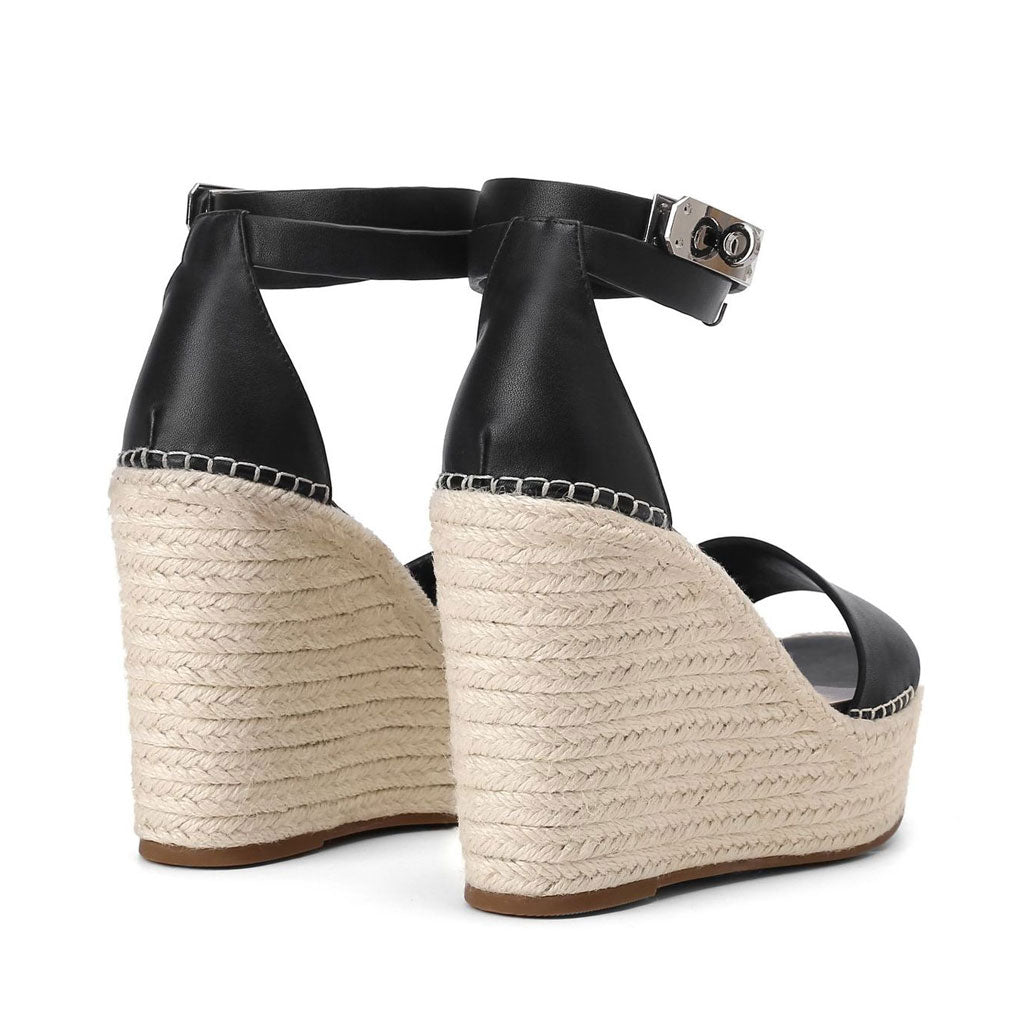 Casual Ankle Strap Platform Open Round Toe Wedge Espadrilles - Black