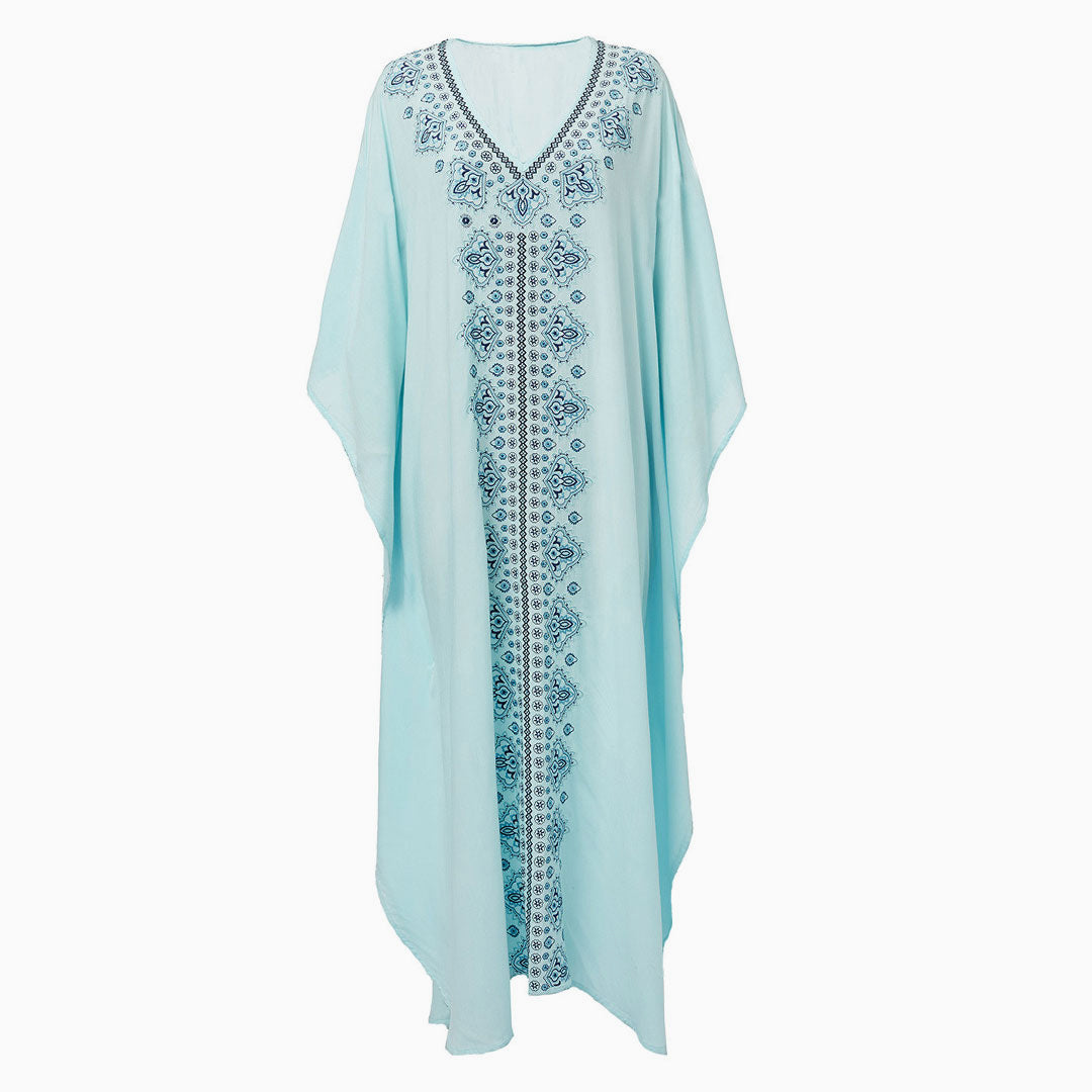 Casual Ethnic Print V Neck Batwing Sleeve Maxi Cover Up - Teal