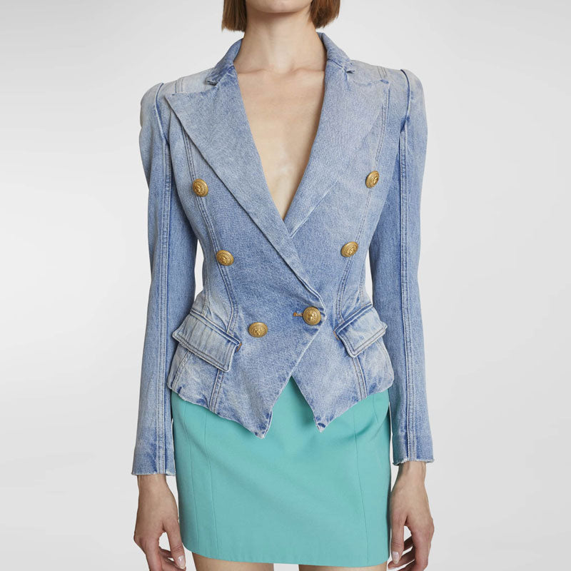 Chic Gold Button Peak Lapel Double Breasted Tailored Denim Blazer - Light Blue