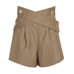 Casual Metallic Button Cross Strap High Waist Frill Trim A-Line Shorts