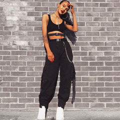 Casual Style Buckled Cargo Pocket High Waist Harem Pants - Black