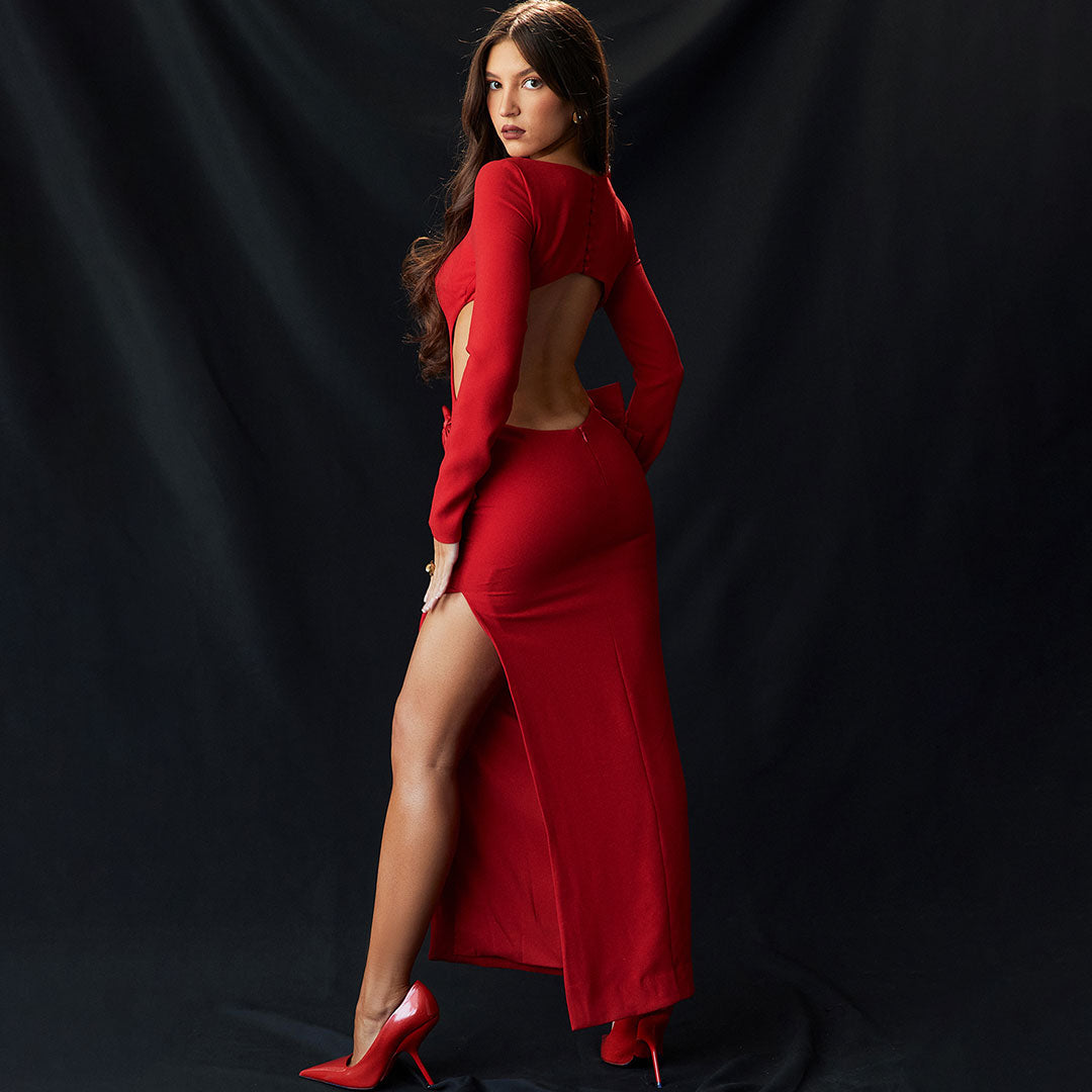 Celebrity Bow Crew Neck Long Sleeve Cutout Evening Maxi Dress - Red