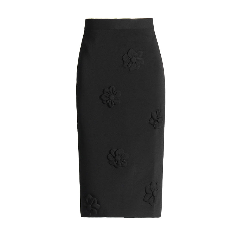 Celebrity Style Solid Color High Waist Rosette Applique Midi Pencil Skirt