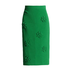 Celebrity Style Solid Color High Waist Rosette Applique Midi Pencil Skirt