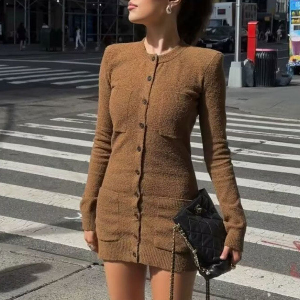 Chic Crew Neck Button Up Pocketed Long Sleeve Ribbed Knit Sweater Mini Dress