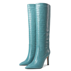 Chic Croc Effect Faux Leather Pointed Toe Knee High Stiletto Boots - Teal