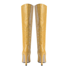 Chic Croc Effect Faux Leather Pointed Toe Knee High Stiletto Boots - Yellow