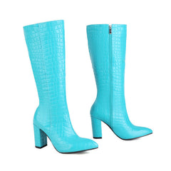 Chic Croc Effect Pointed Toe Chunky Heel Knee High Boots - Turquoise