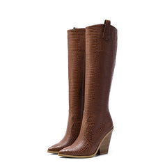 Chic Croc Effect Pointed Toe Knee High Cuban Heel Boots - Brown